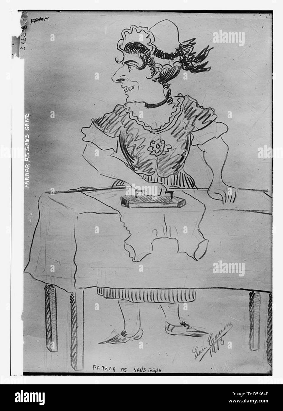 This cartoon features actress Geraldine Farrar as Sans Gene, a character in the opera 'Madame Sans-Gene.' The image humorously captures Farrar in character, emphasizing her role in the opera. Stock Photo