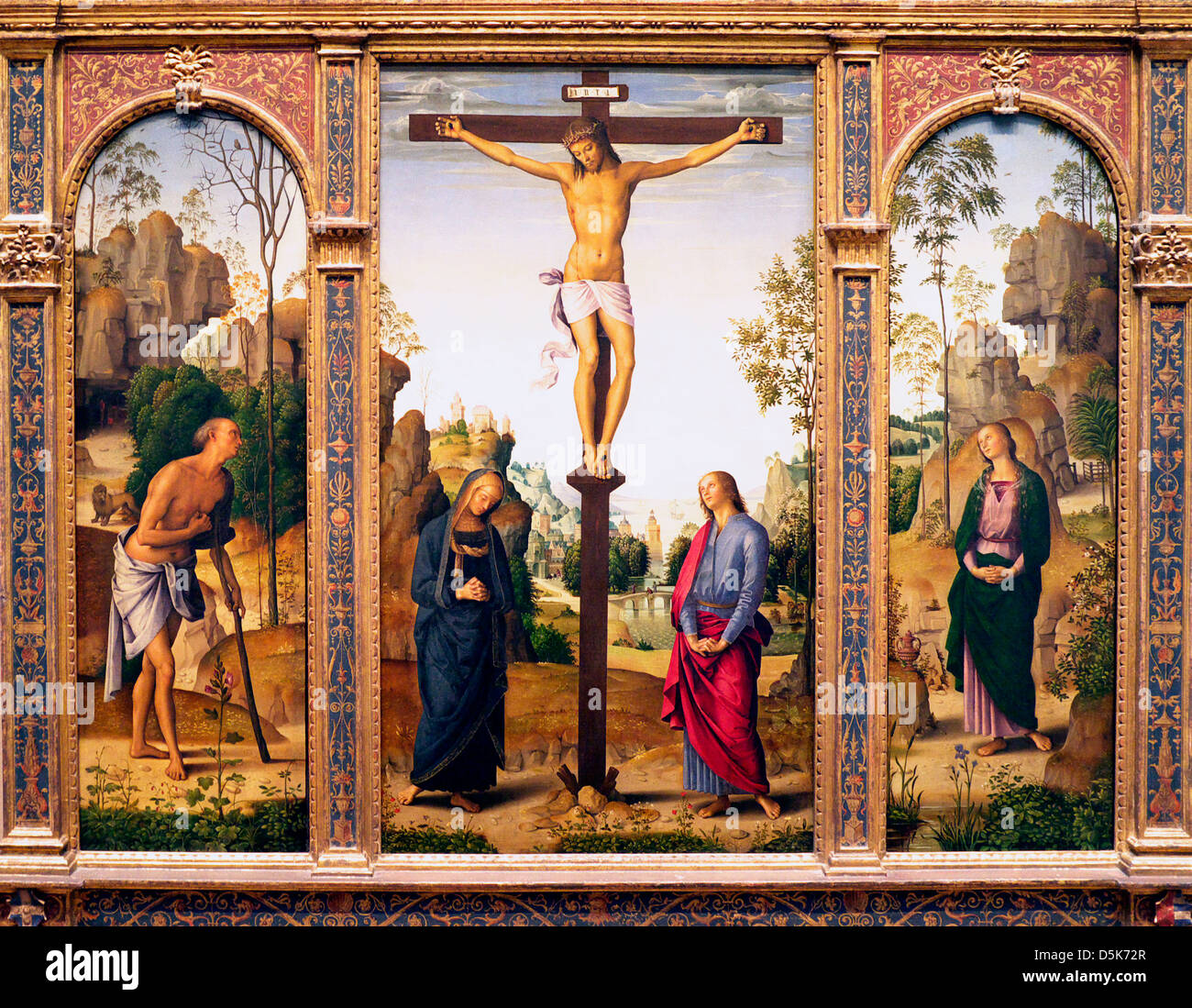 The Crucifixion with the Virgin, Saint John, Saint Jerome and Saint Mary Magdalene - Pietro Perugino Stock Photo