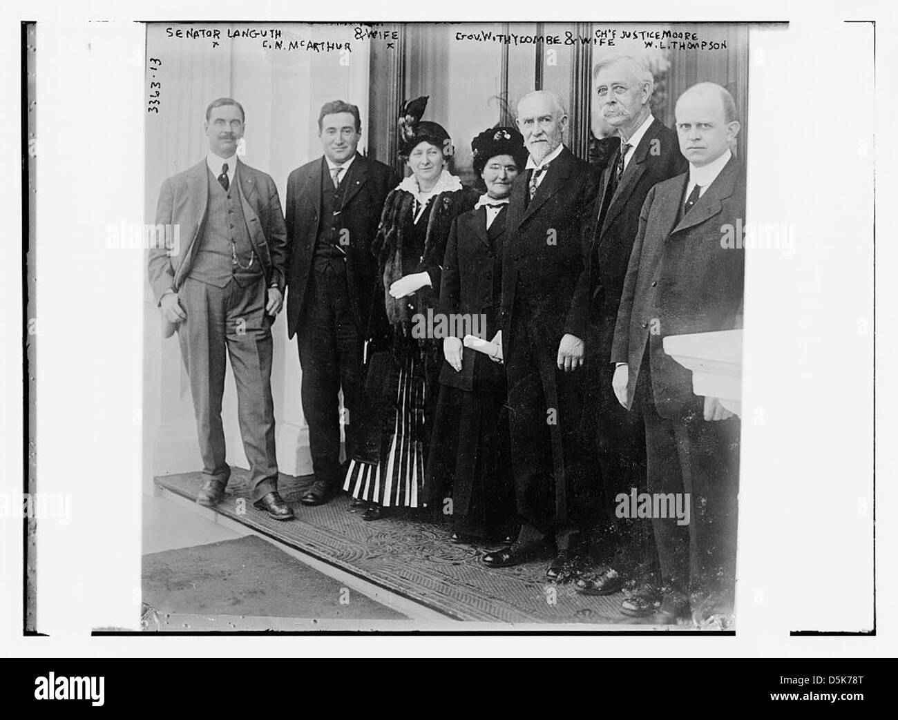 Sen. Languth, C.N. McArthur & wife, Gov. Withycombe & wife, Chf. [i.e., Chief] Justice Moore, W.L. Thompson (LOC) Stock Photo