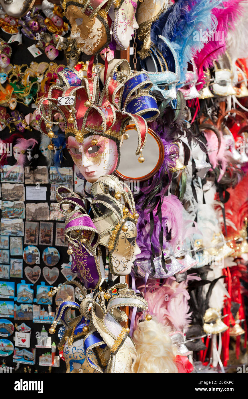 The Rialto financial commercial centre Venice  known for its markets Carnival masks accessories are sold on streets. Stock Photo