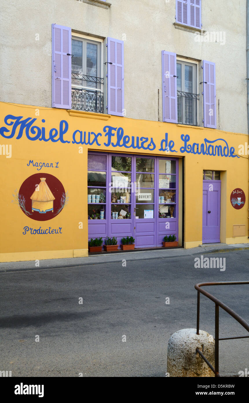 Lavender Honey Shop with Wall Painting of Beehive Valensole Plateau Alpes-de-Haute-Provence Provence France Stock Photo