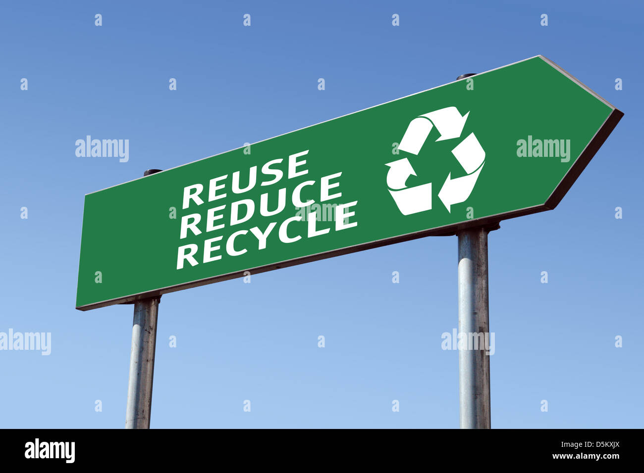 Green reduce-reuse-recycle directional roadsign over blue sky Stock Photo