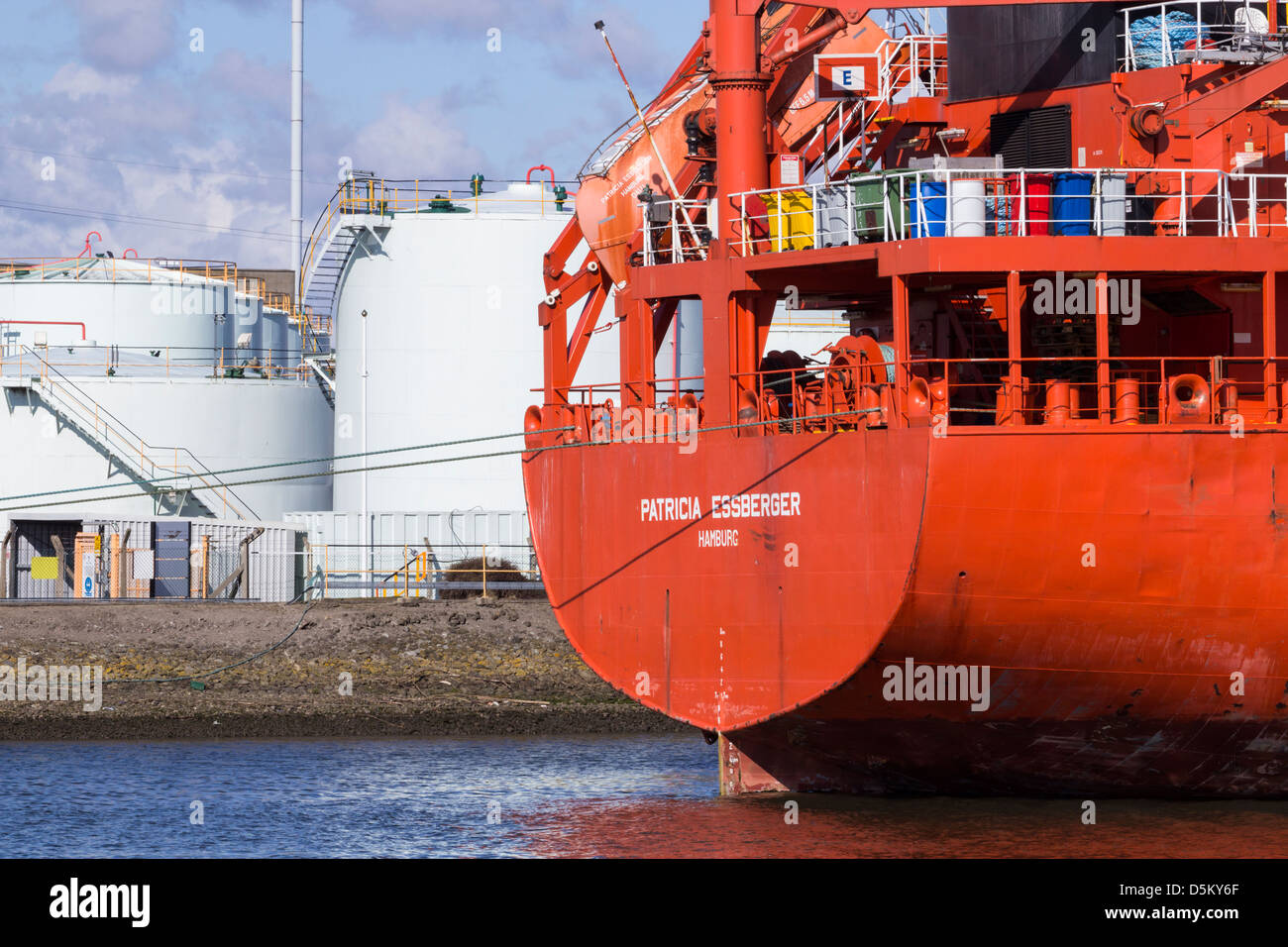 Oil tanker at Billingham oil jetty on the river Tees at Middlesbrough, north east England, UK Stock Photo