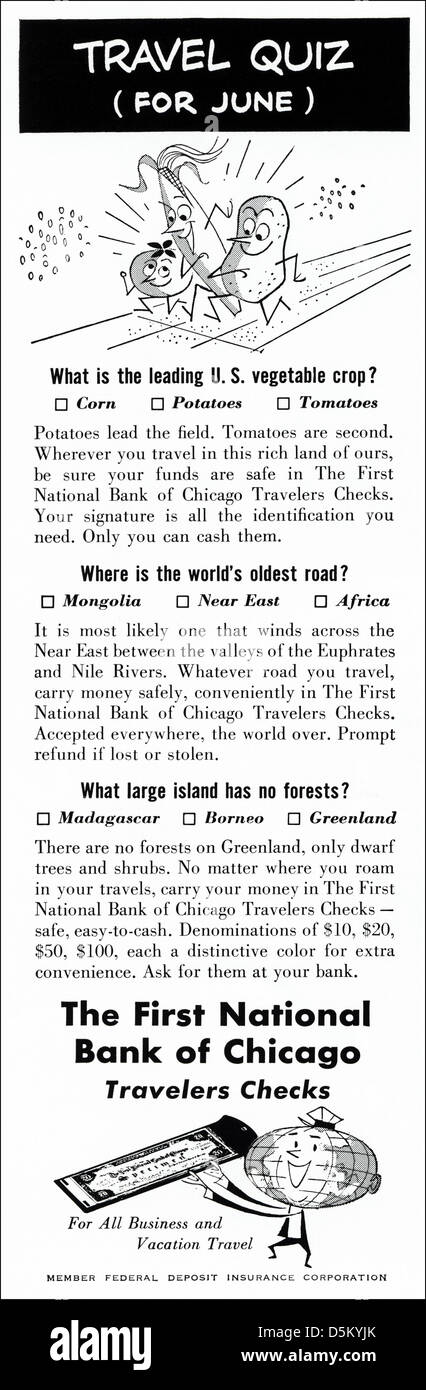 advertisement 1950s The First National Bank of Chicago Travelers Checks advert in American magazine circa 1954 Stock Photo