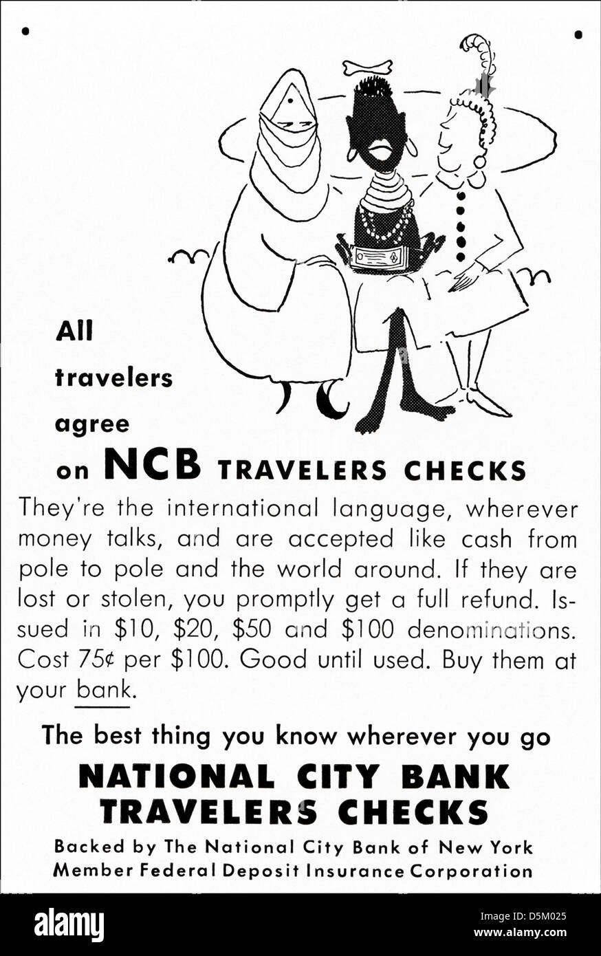 advertisement 1950s National City Bank Travelers Checks advert in American magazine circa 1954 Stock Photo