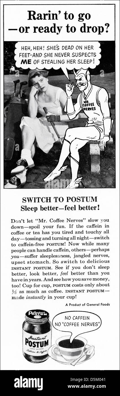 advertisement 1950s Postum caffein free coffee advert in American magazine circa 1954 Stock Photo