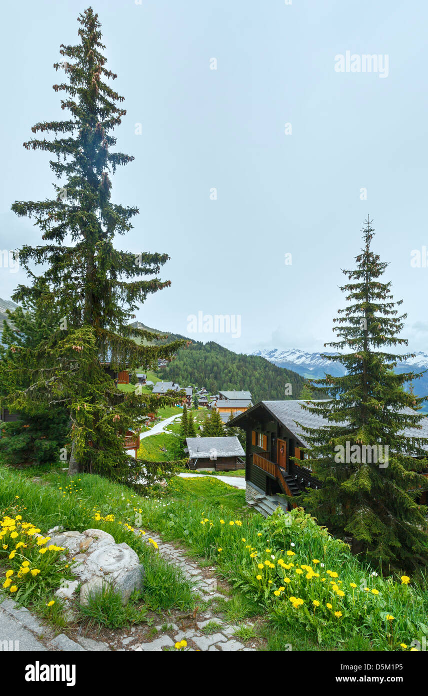 Mountain Bettmeralp village summer cloudy view (Switzerland) Stock Photo
