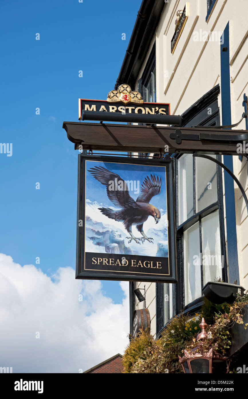 Close up of Marstons Brewery sign The Spread Eagle pub inn bar Walmgate York North Yorkshire England UK United Kingdom GB Great Britain Stock Photo