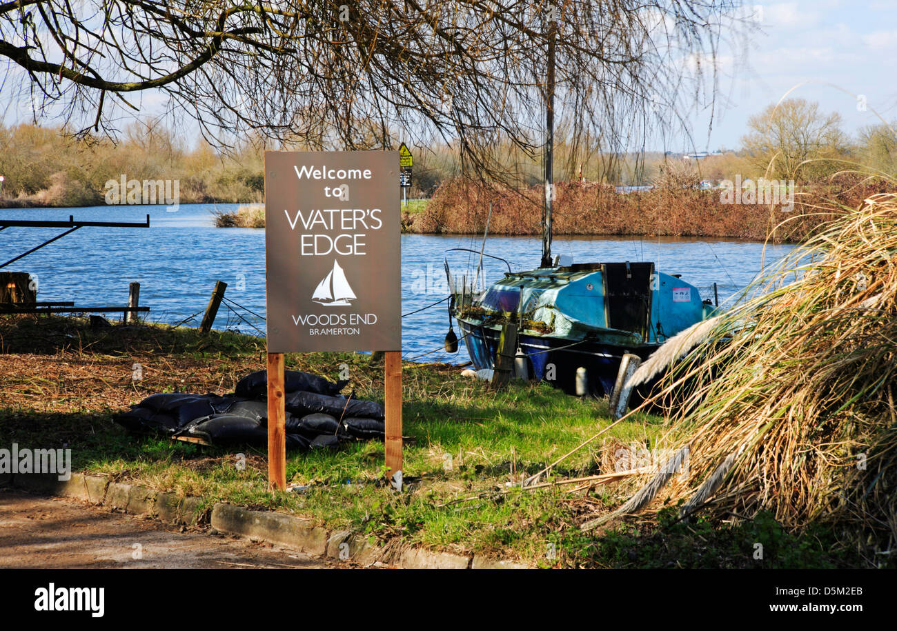A public house sign by the River Yare at Bramerton, Norfolk, England ...