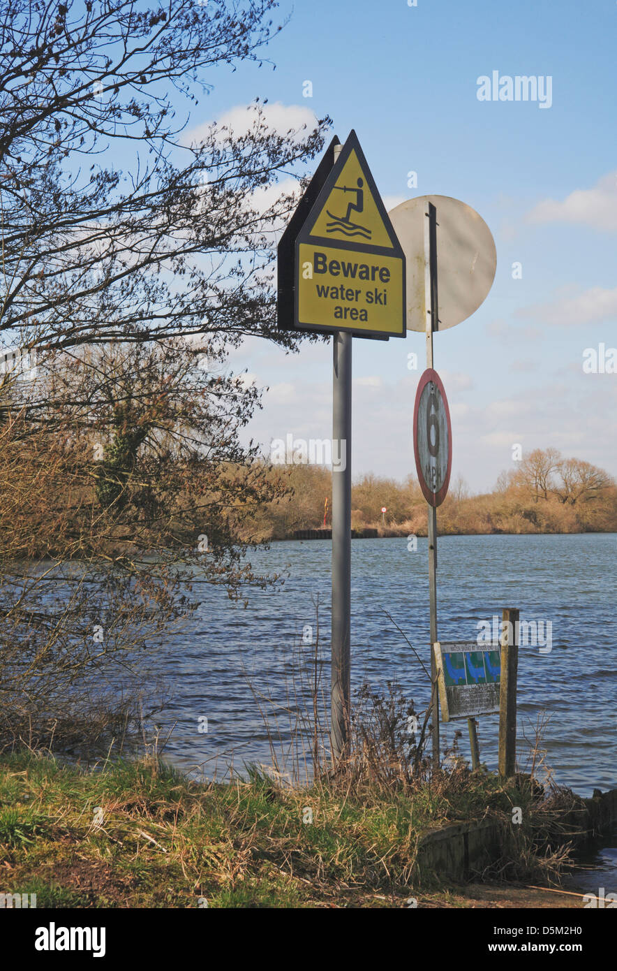 A water ski area warning sign by the River Yare at Bramerton, Norfolk, England, United Kingdom. Stock Photo
