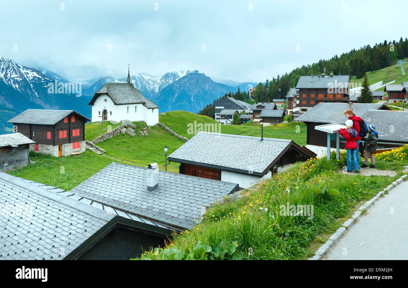 Mountain Bettmeralp village summer view (Switzerland) and family Stock Photo