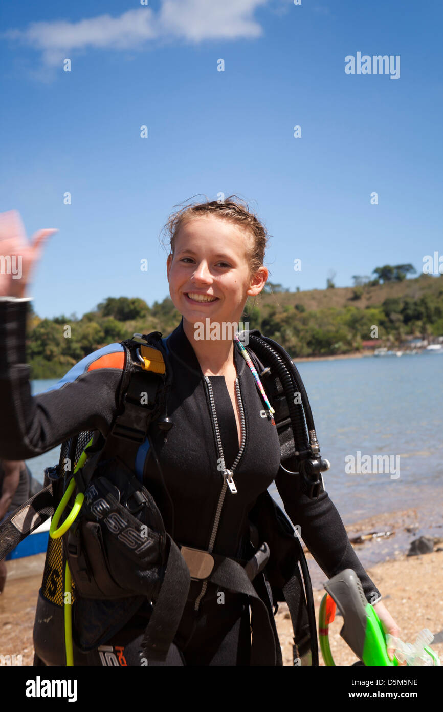 Madagascar, Nosy Be, Marodokana, smiling Operation Wallacea smiling, scuba diving student Stock Photo
