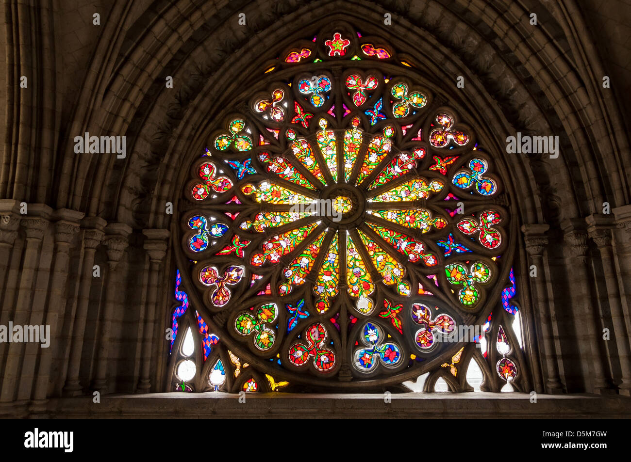 Beautiful stained glass inside the basilica of Quito, Ecuador Stock Photo
