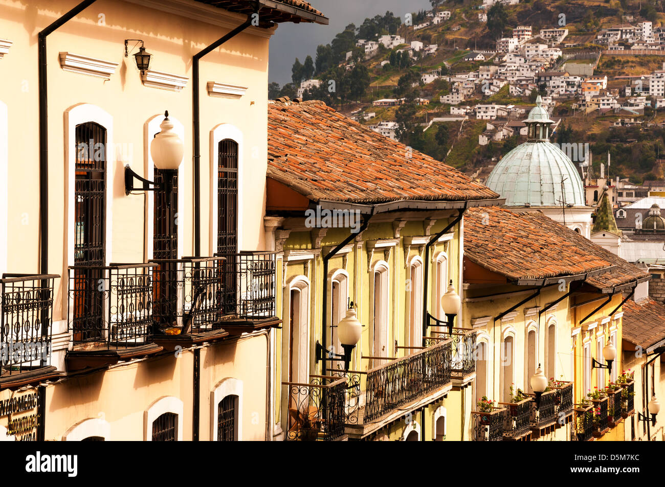 Row of historic colonial buildings in Quito, Ecuador Stock Photo