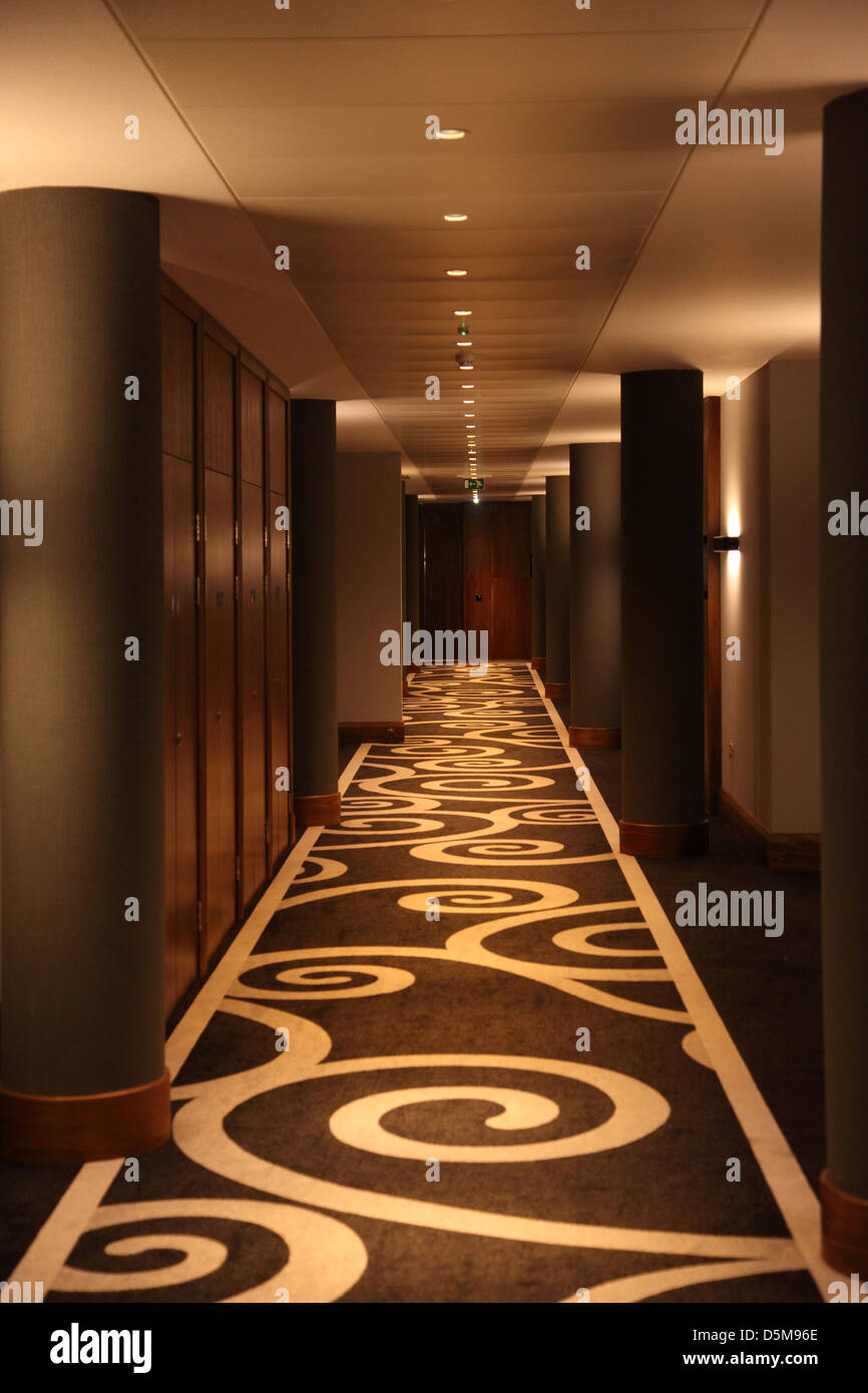 Hotel corridor with a modern carpet and lighting design, at the Hotel La Tour, Birmingham Stock Photo