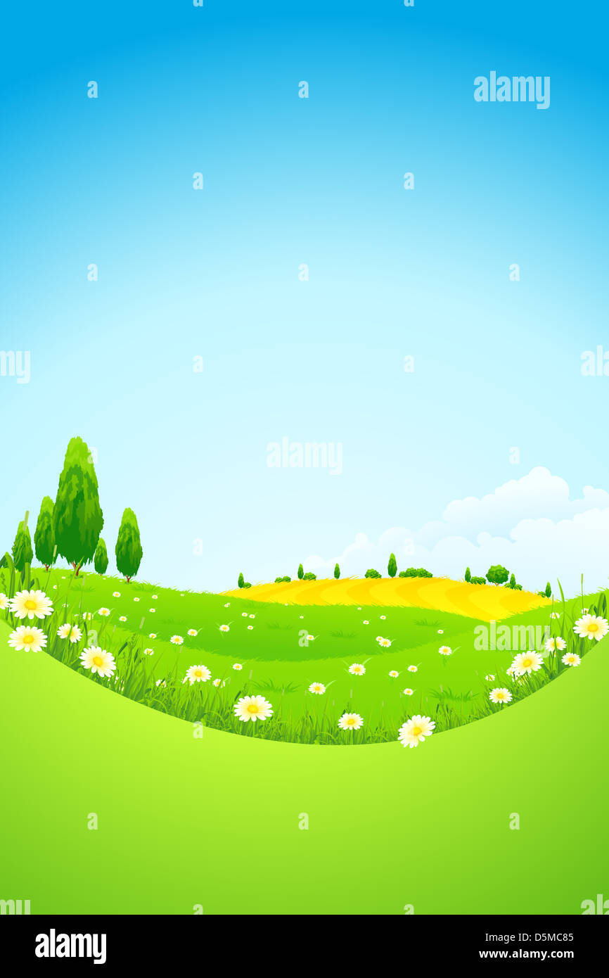 Green Landscape with Flowers Trees and Clouds Stock Photo - Alamy