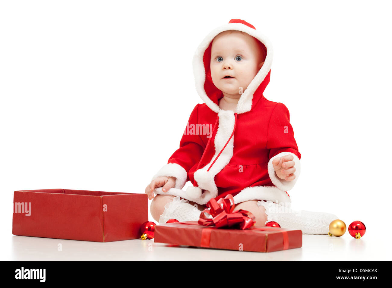 Santa Claus baby with gift box isolated on white background Stock Photo