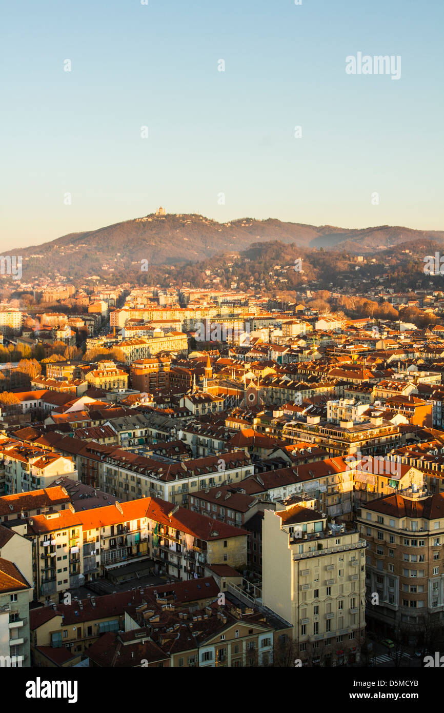 View of the city of Turin from the top of Mole Antonelliana, with the Hill of Superga in the background. Stock Photo