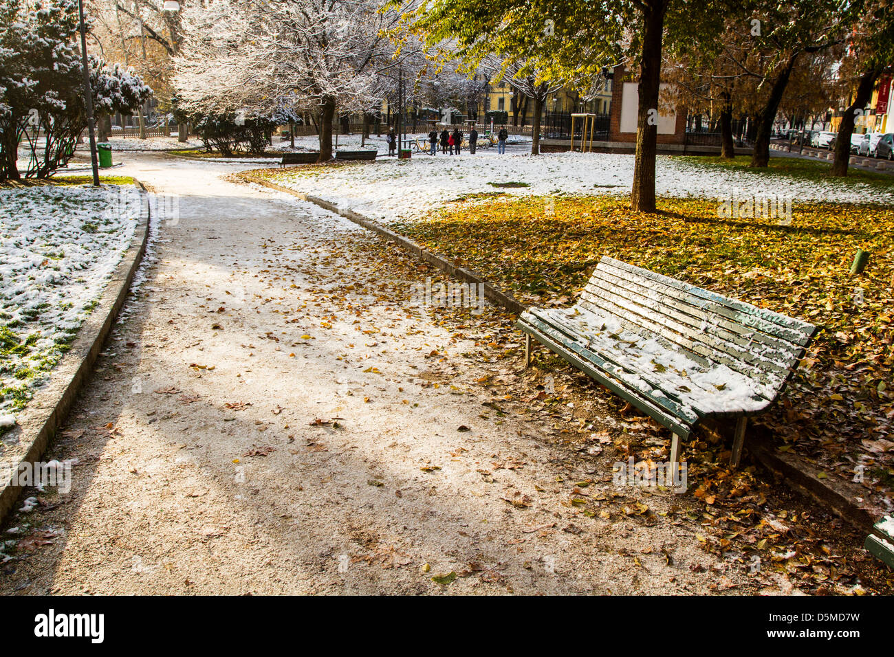 Square covered by snow. Milan, Province of Milan, Italy. Stock Photo