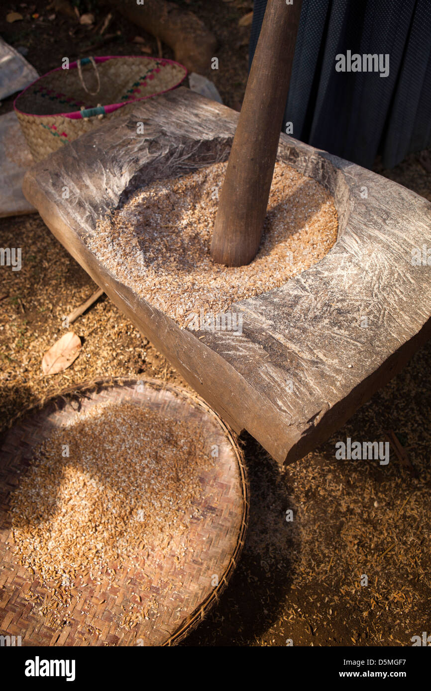 Madagascar, Nosy Be, Anjiamarango, large pestle used for pounding rice into flour Stock Photo