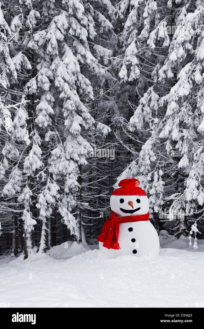 cute snowman on snowy forest Stock Photo