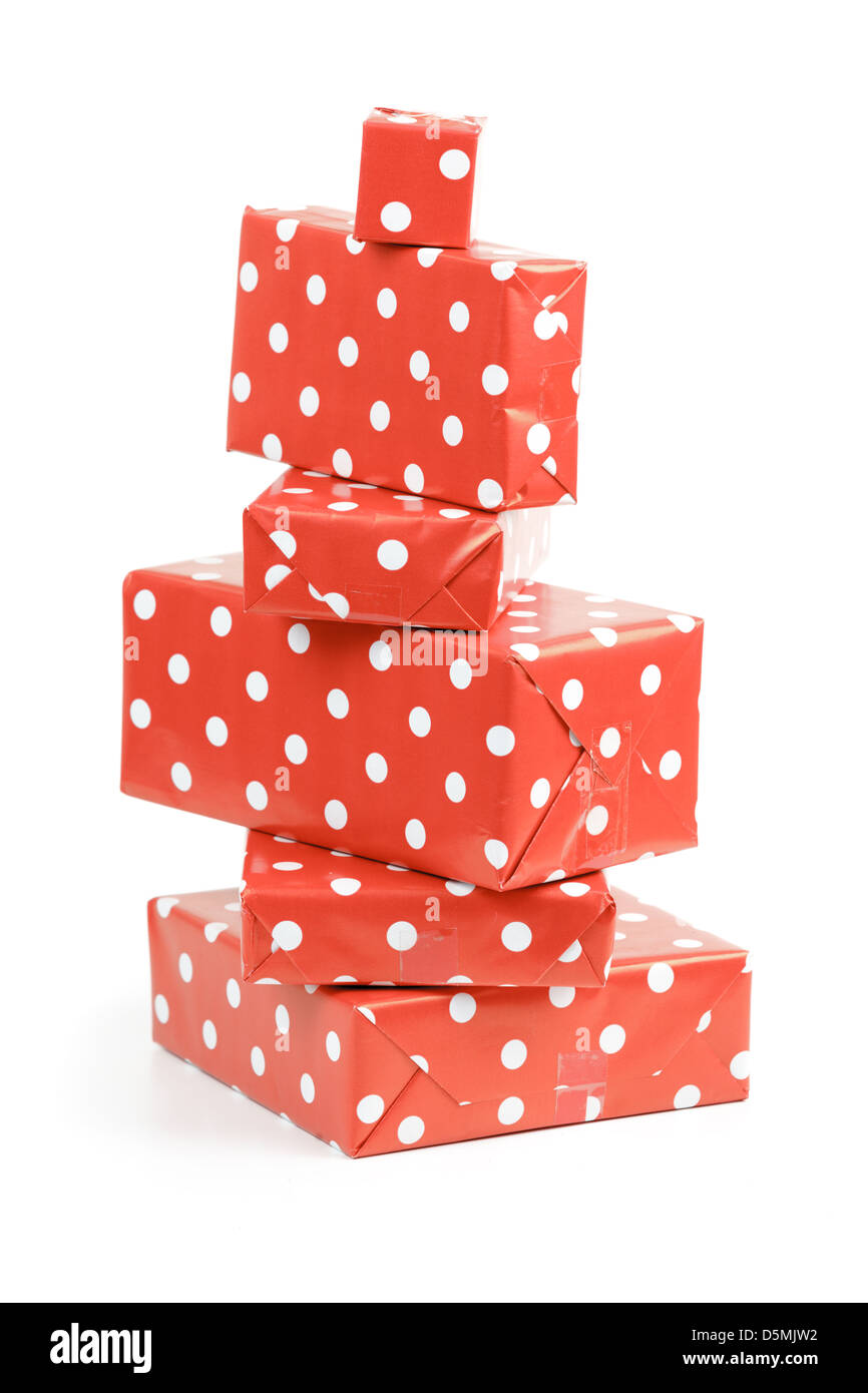 Red gift boxes with silver ribbon on white background Stock Photo - Alamy