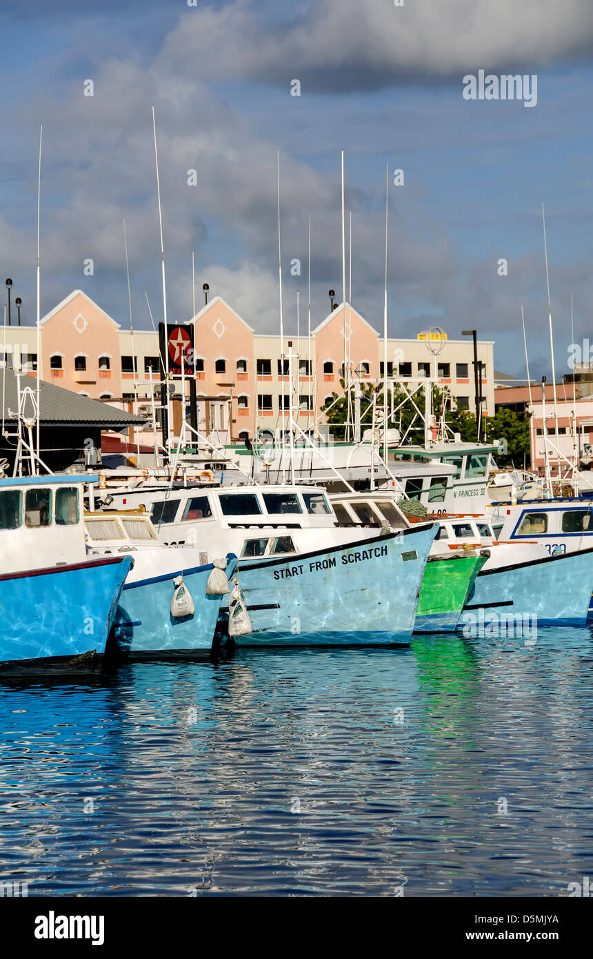 Traditional  wood commercial fishing boats anchored at Fishing Harbour, Bridgetown, Barbados Stock Photo