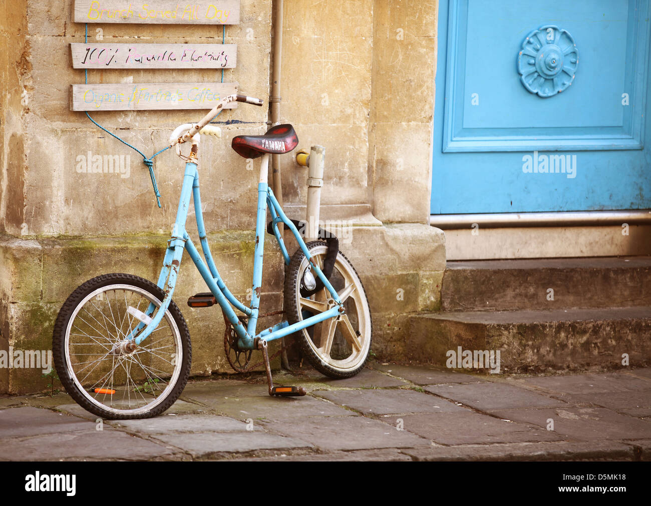 Parked and securely lock bicycle in the centre of Bath. April 2013 Stock Photo