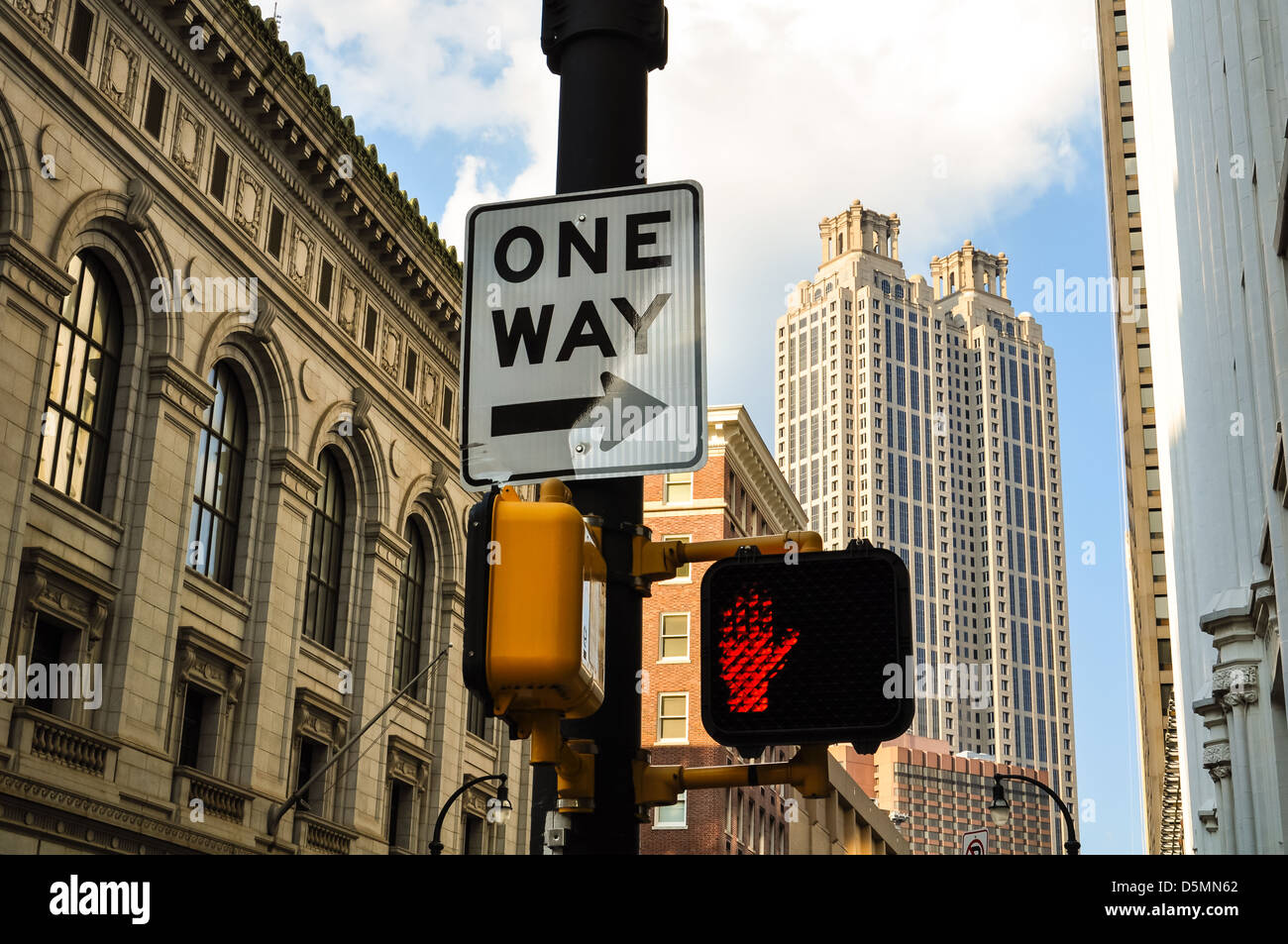 one way-sign with traffic light in front of atlanta skyline Stock Photo