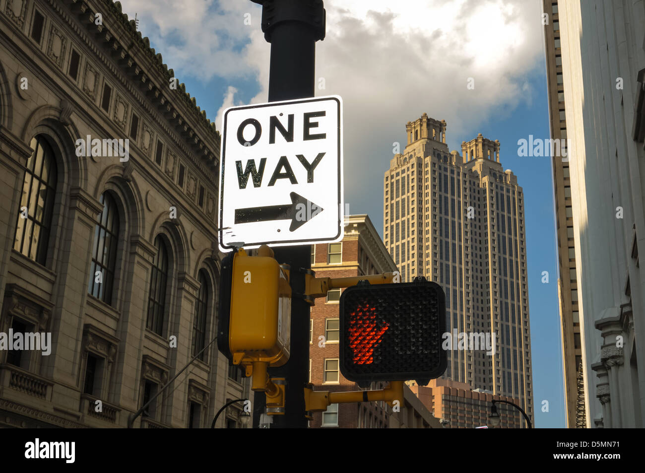 one way-sign with traffic light in front of atlanta skyline Stock Photo
