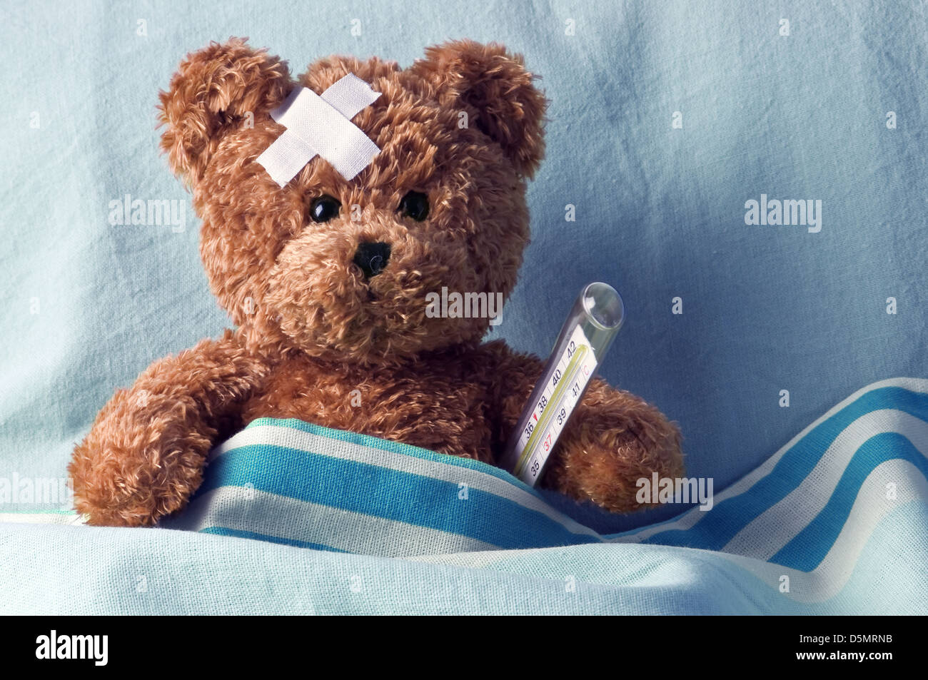 bear in bed with thermometer and plaster Stock Photo