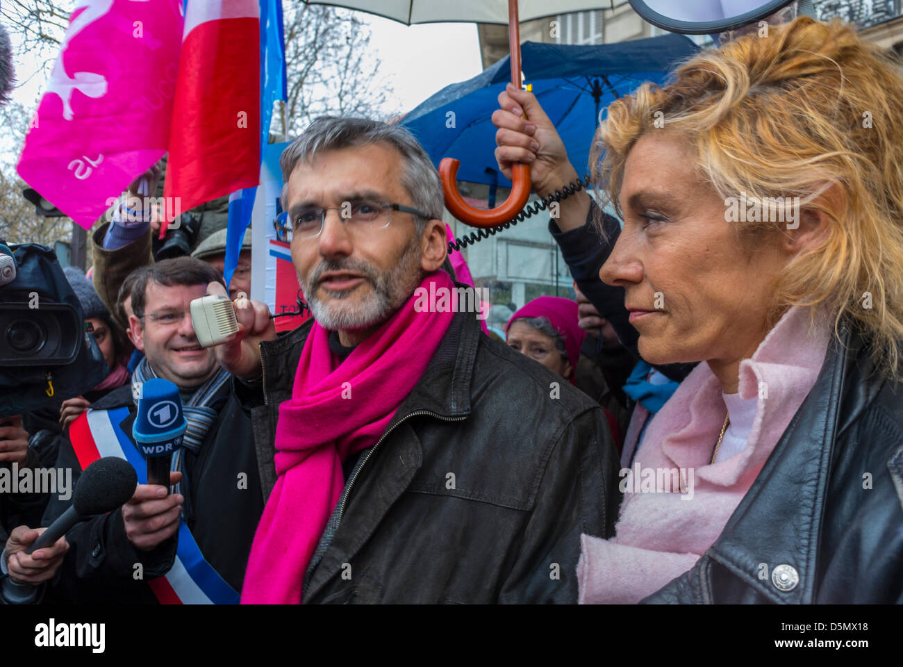 Paris, France, Anti Gay Marriage Activists in the conservatives Demonstration, 'Manif pour Tous', far right, extreme prejudice, catholic activists, Traditionalists religion in politics Stock Photo