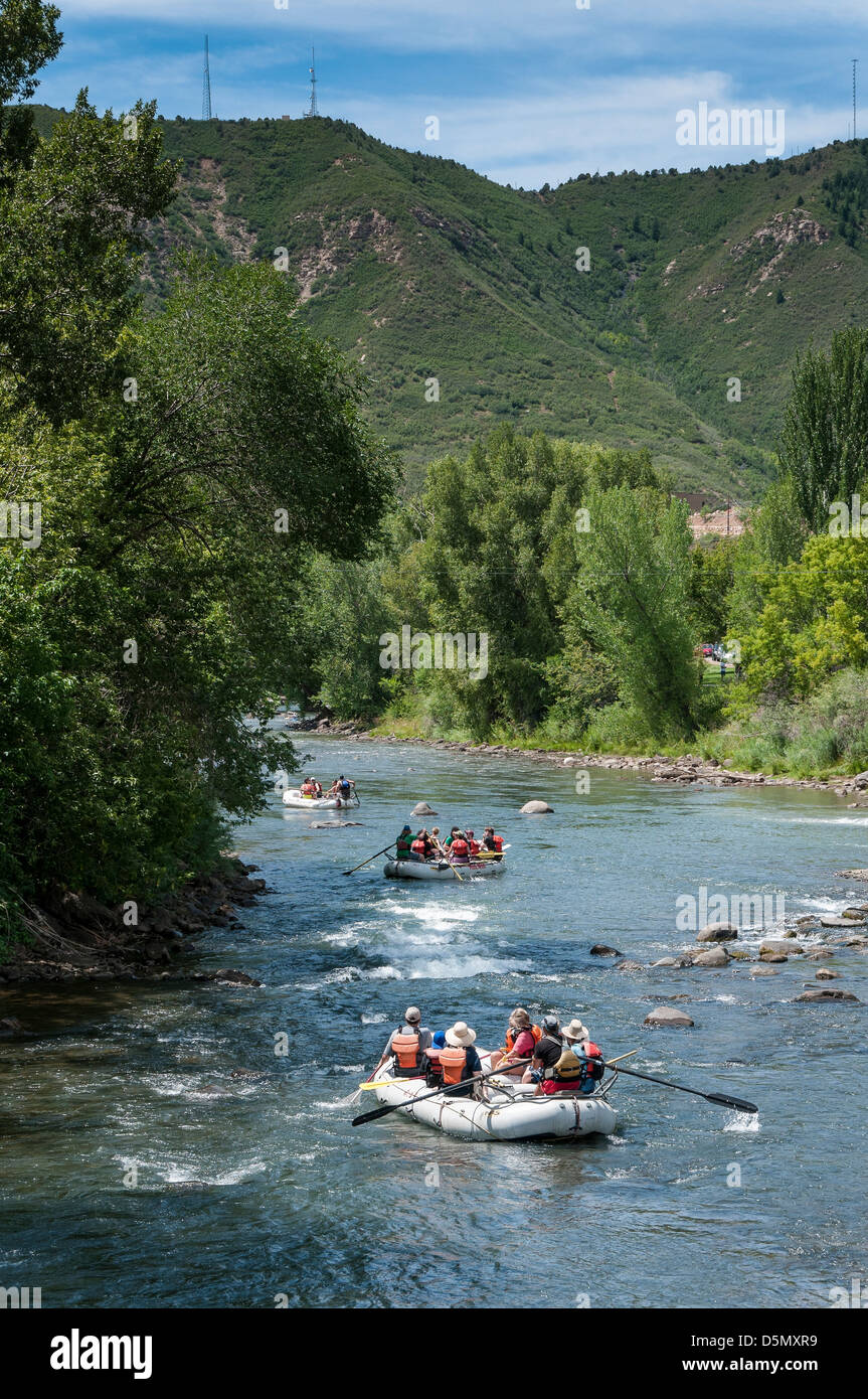 Mild to Wild rafts ride the Animas River, Durango, Colorado. Stock Photo