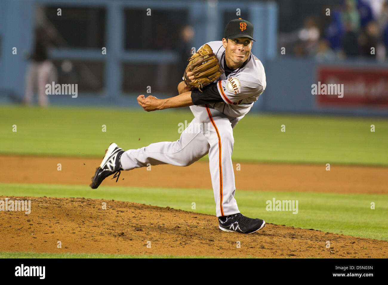03.04.2013. Los Angeles, California, USA.  San Francisco Giants relief pitcher Javier Lopez (49) delivers during the Major League Baseball game between the Los Angeles Dodgers and the San Francisco Giants at Dodger Stadium in Los Angels, CA. The Giants defeated the Dodgers 5-3. Stock Photo