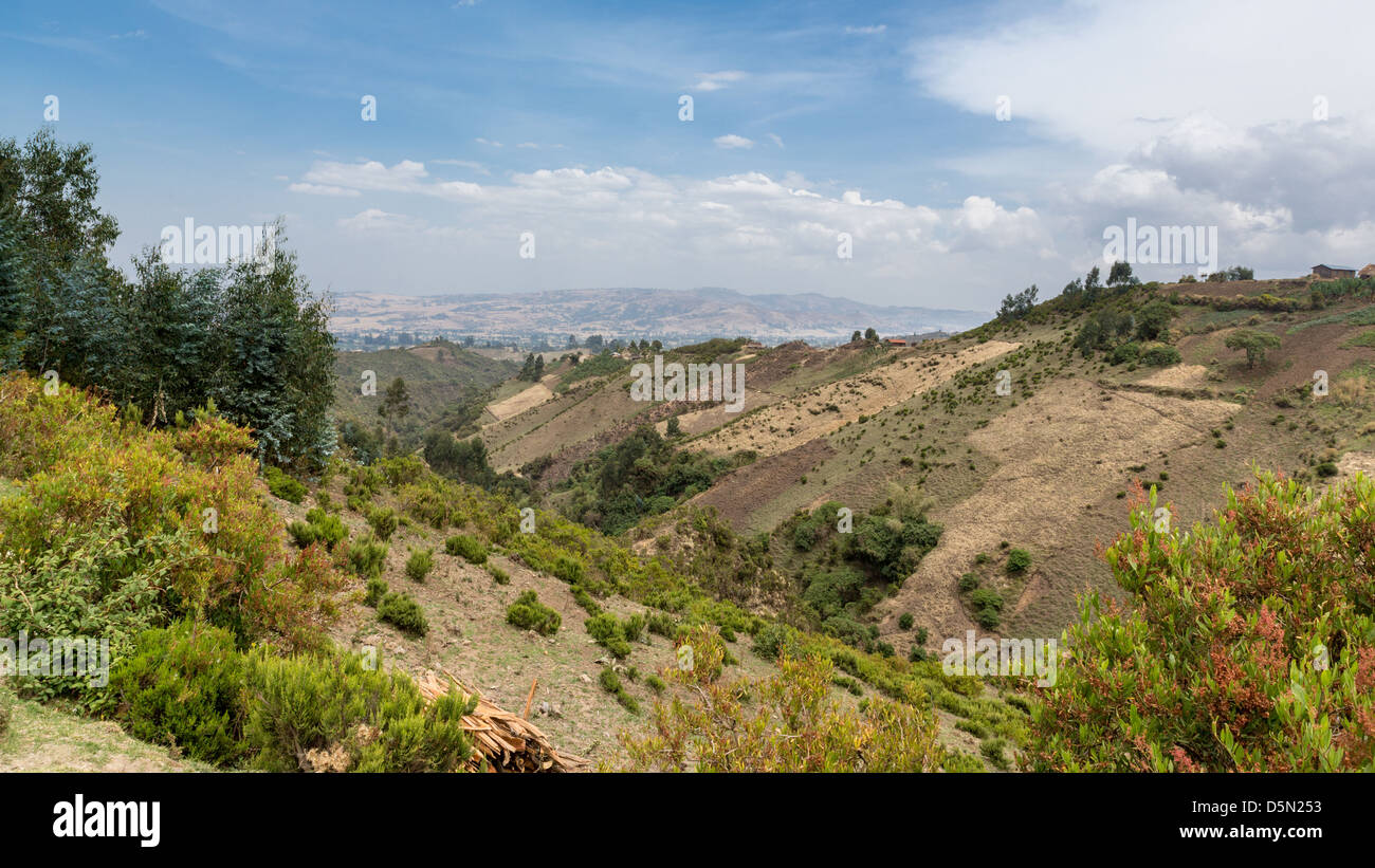 The hilly landscapes of Ethiopia near Wonchi creator lake area Stock ...