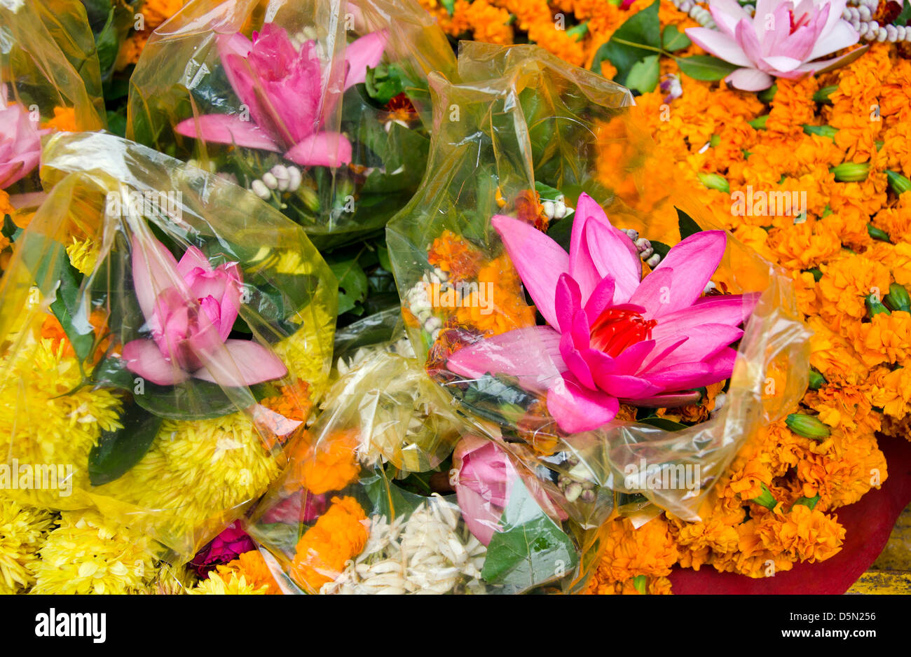 various colorful flowers and lotus in Varanasi street market, India Stock Photo
