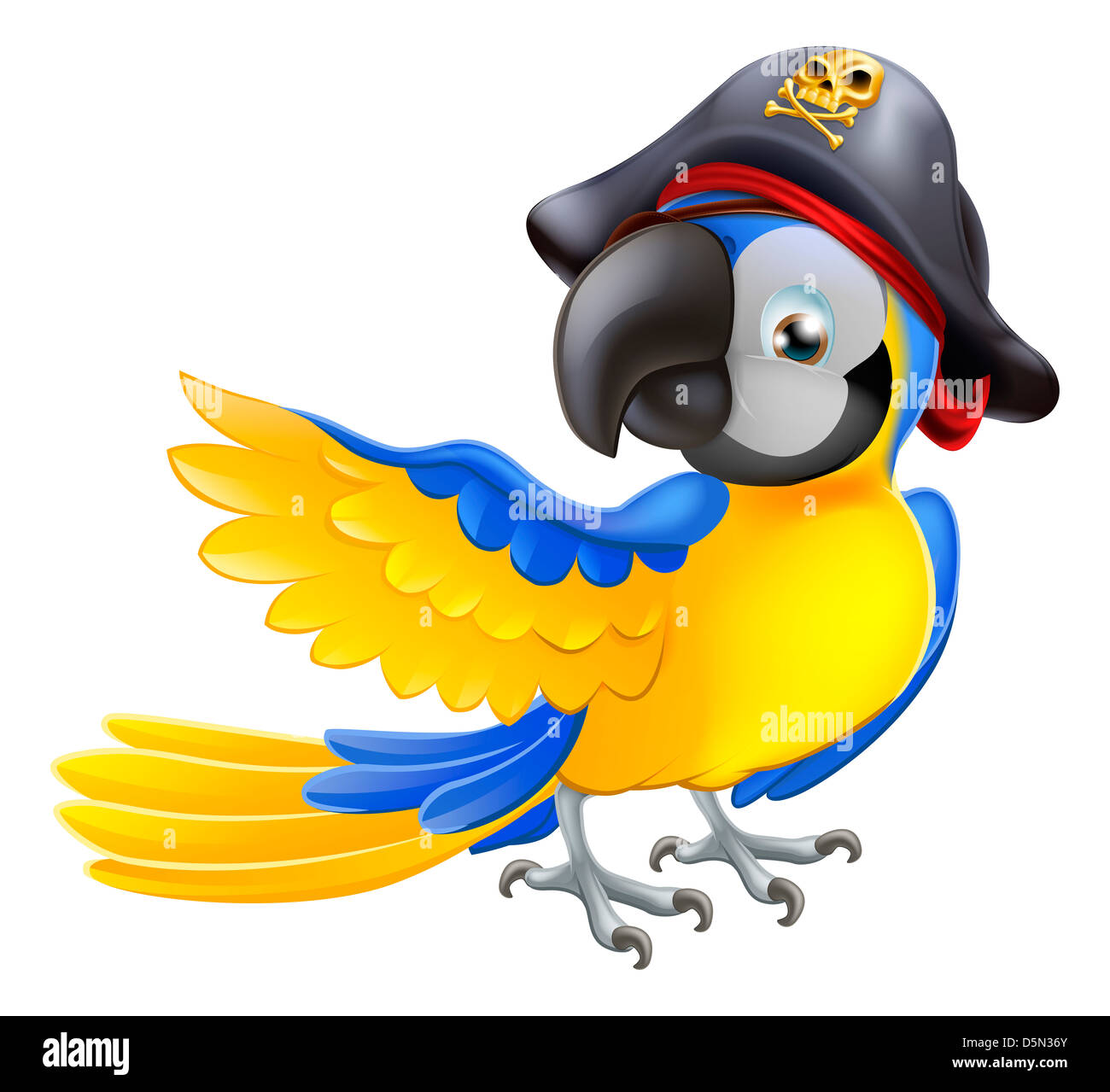 A blue cartoon parrot with a pirate hat and eye patch pointing with its wing Stock Photo