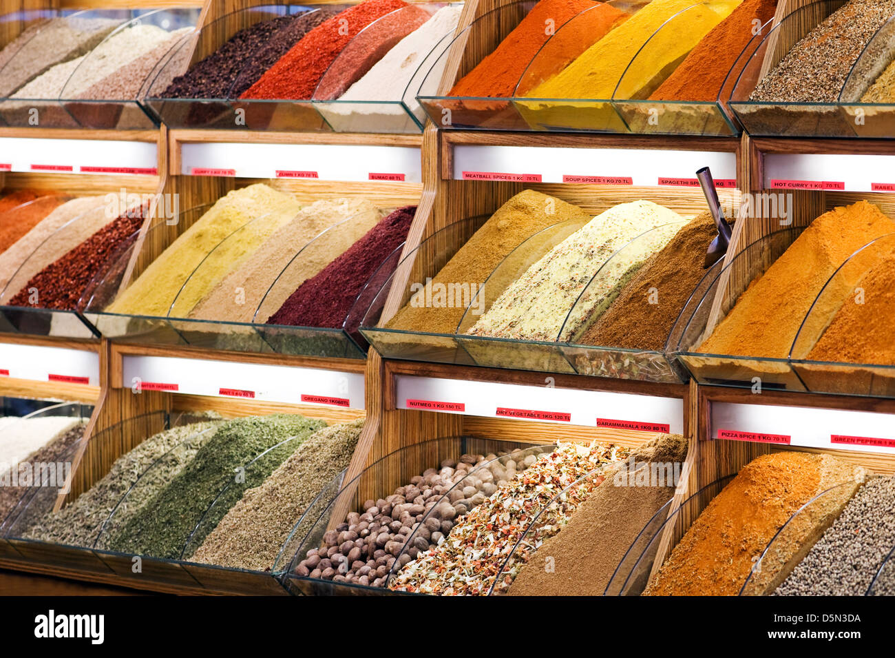 different spices and tea on market Stock Photo