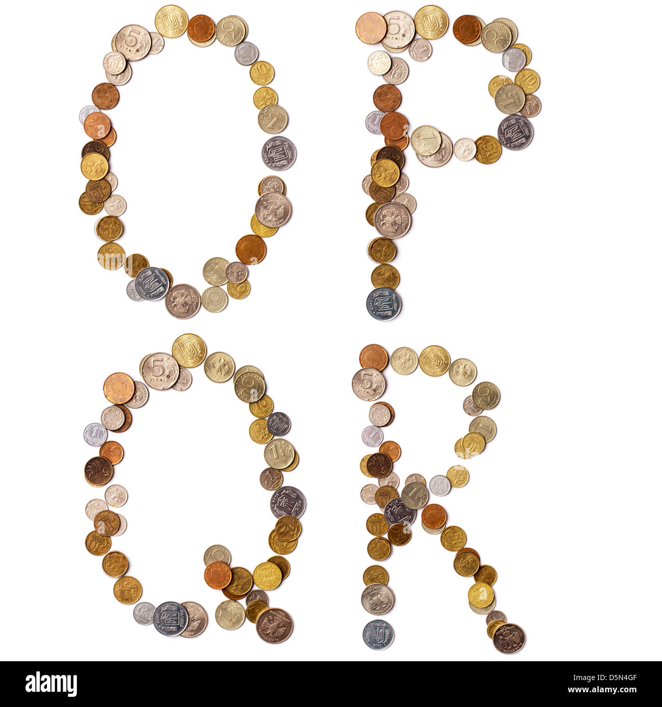 O-P-Q-R alphabet letters from the coins Stock Photo