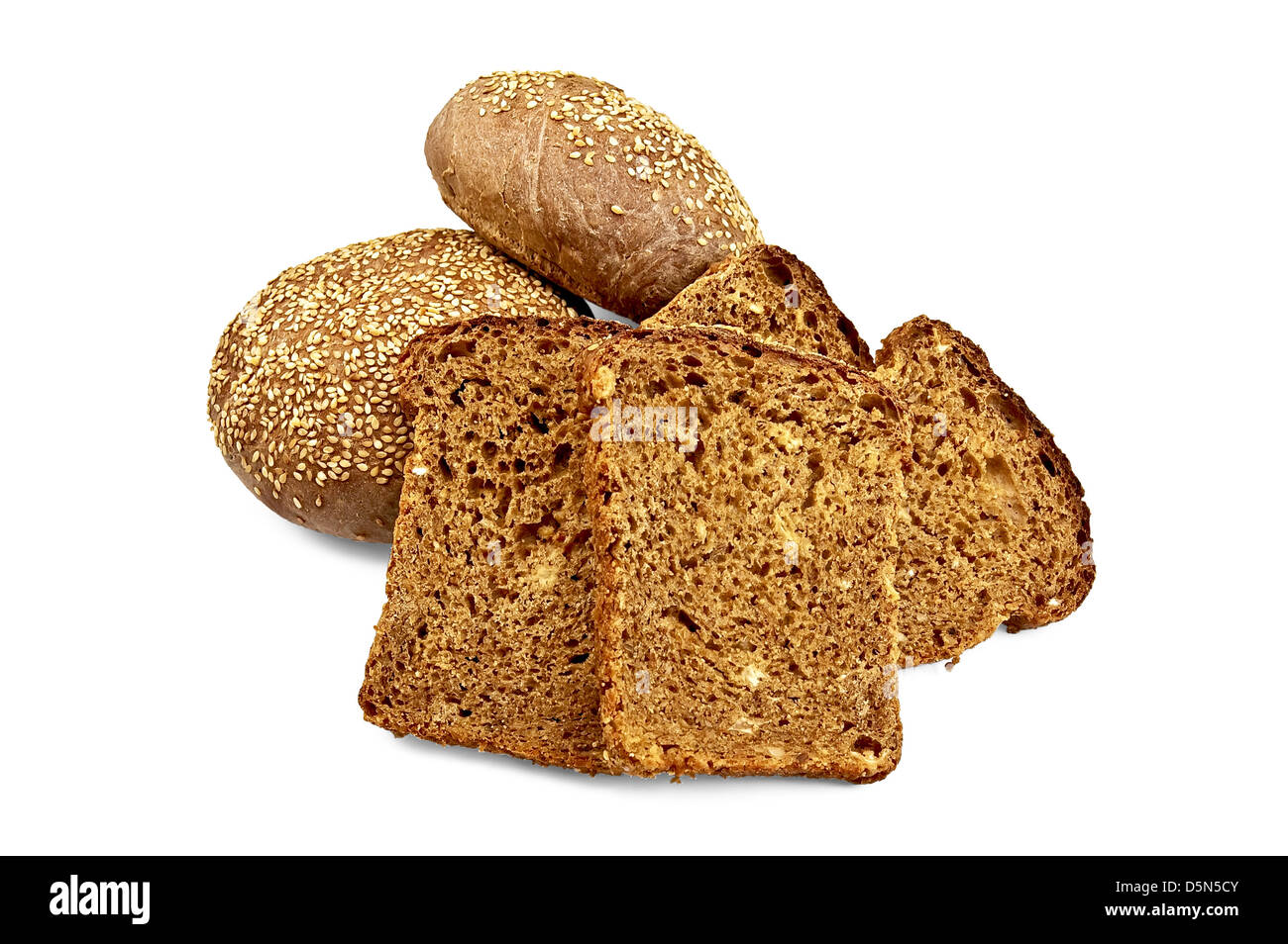 Four slices of rye grain bread, two rye bun with sesame seeds isolated ...
