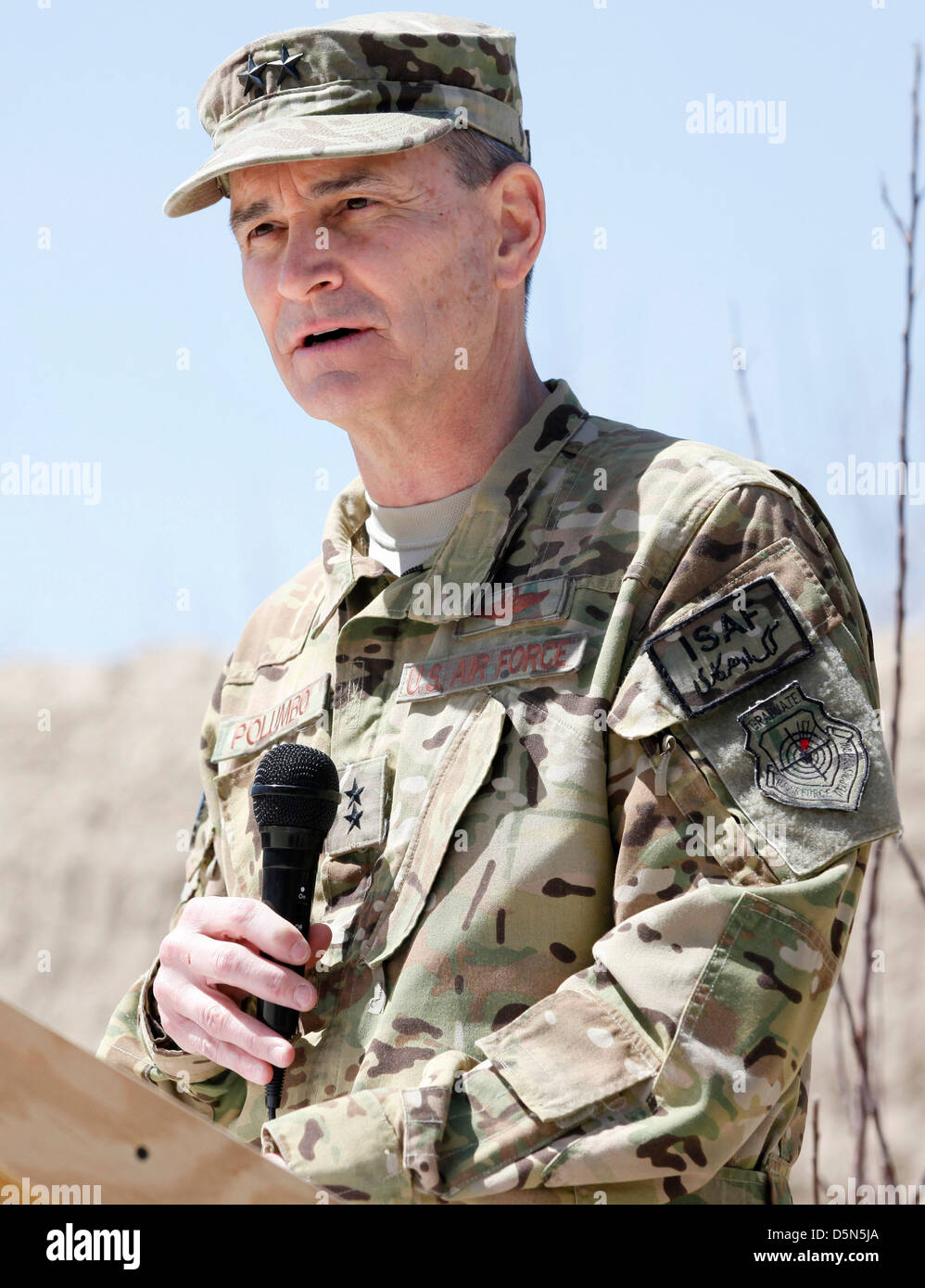 US Air Force Maj. Gen. Harry Polumbo during the closing ceremony of Provincial Reconstruction Team Gardez April 3, 2013 in Gardez, Afghanistan. A PRT is a military and civilian assistance program for rebuilding and stabilizing the local government. The closing was the first PRT to shut in Afghanistan after being established in January 2003 as the US winds down in Afghanistan. Stock Photo