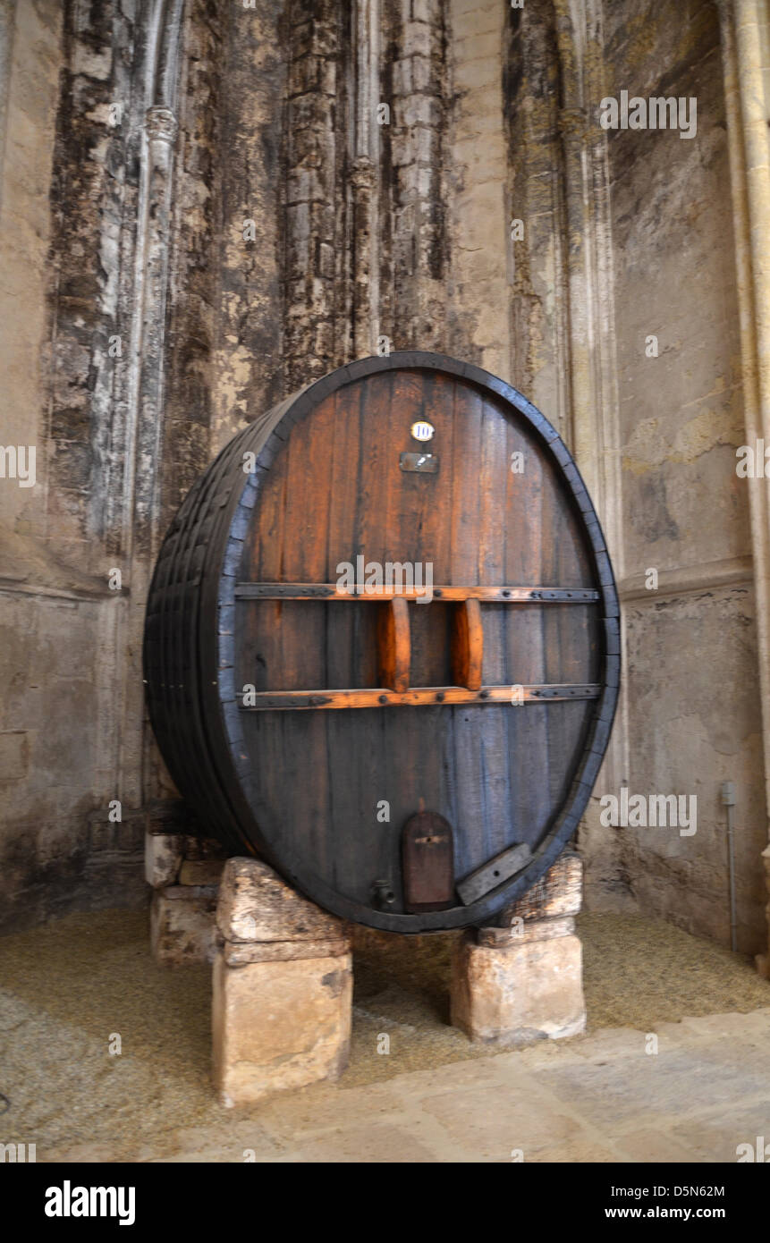 Wine barrels are stored in the gothic church of Valmagne which is