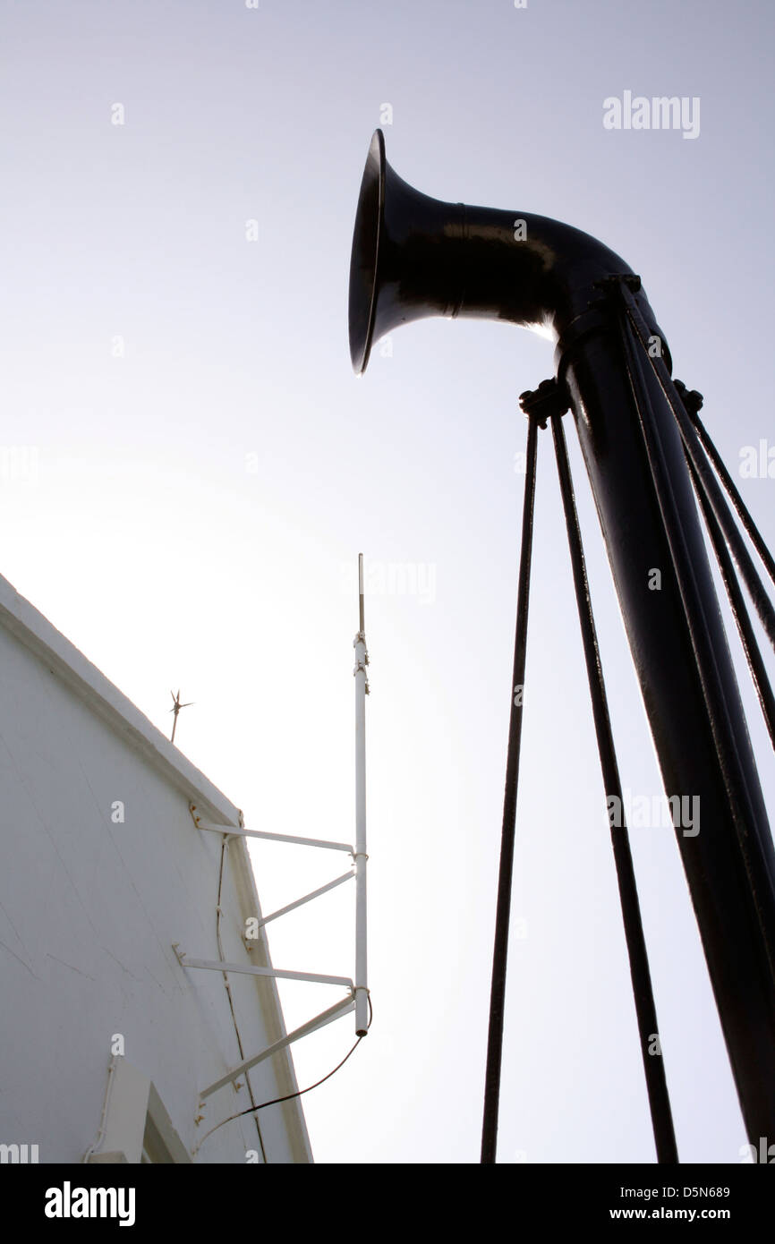 Old black fog horns at a lighthouse on the Lizard in Cornwall Stock