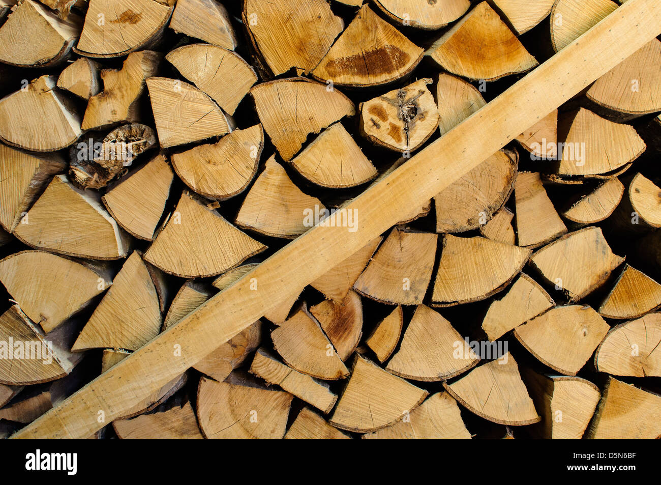 Wall of logs, sewed, piled and ready to be burned. Stock Photo