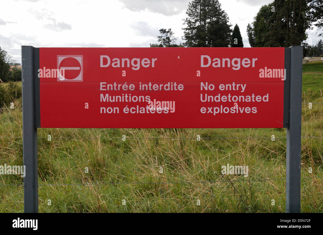 A warning sign (of unexploded World War One ordnance) at the Newfoundland Memorial Park, Somme, France. Stock Photo