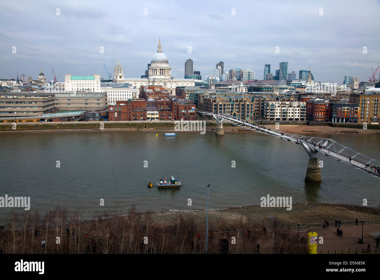 Views of St Pauls and Millennium Bridge in winter - London UK Stock Photo