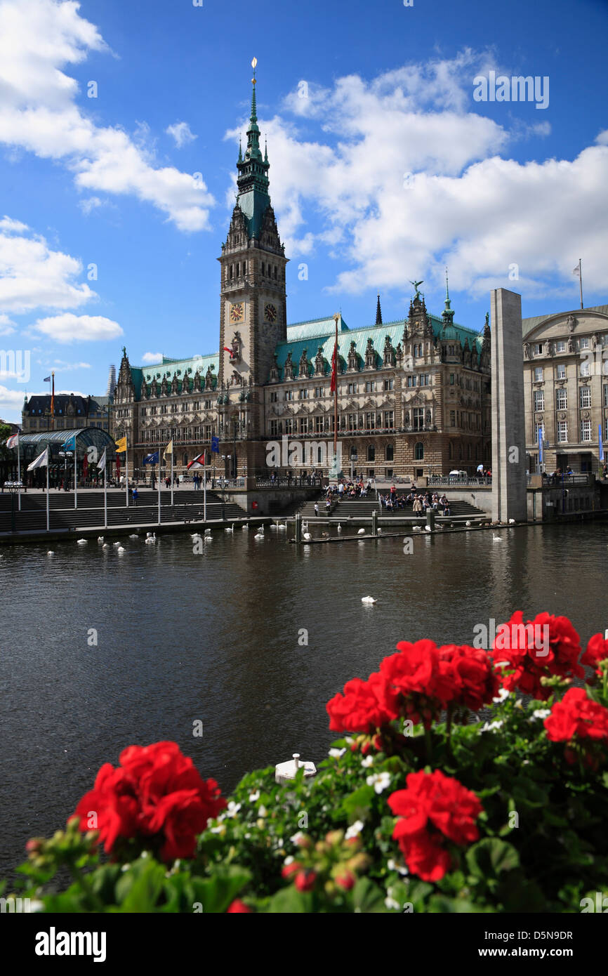 View across little alster to city hall, Hamburg, Germany Stock Photo