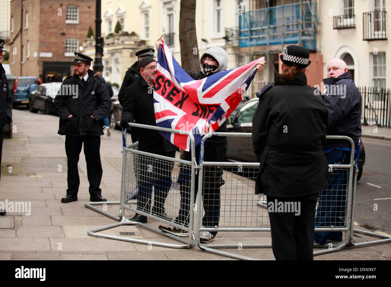 London, UK. 5th April 2013. Muslim demonstration against Burmese and Sri Lankan aggression took place at Hyde Park Gardens (Sri Lanka Embassy) and Charles Street (Burmese Embassy). Members of the EDL showed up at both protests chanting slogans against them. Credit: Lydia Pagoni / Alamy Live News Stock Photo