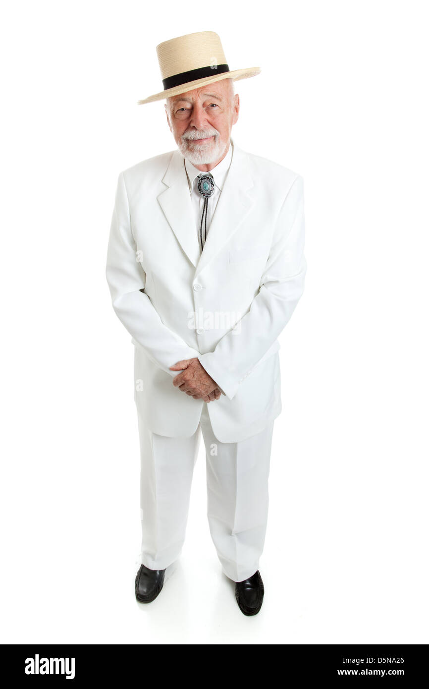 Handsome senior Southern gentleman in a white suit with a straw hat and a  string tie. Full body isolated Stock Photo - Alamy