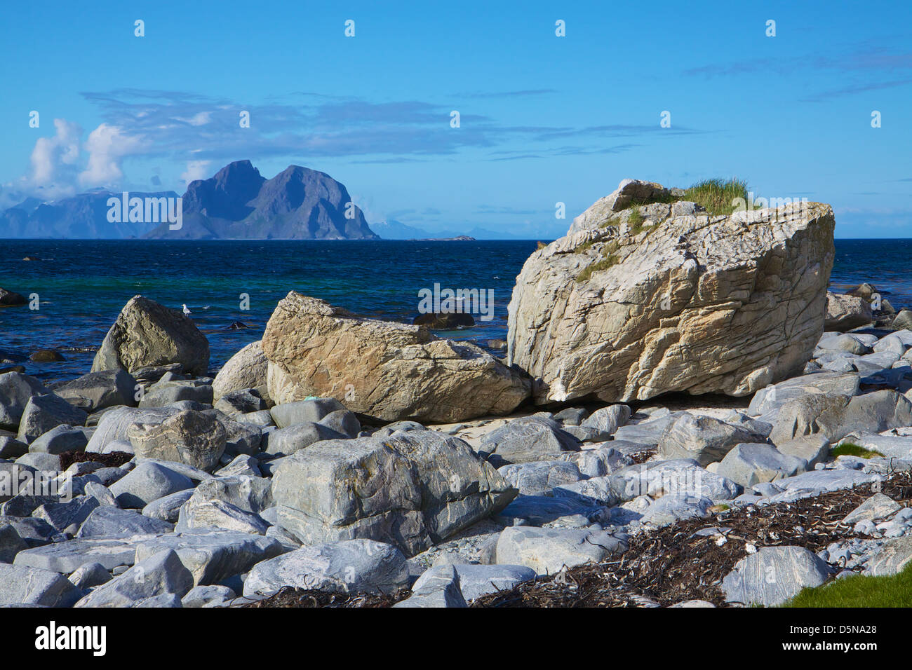 Rocks on the coast of scenic island of Vaeroy, Lofoten, Norway Stock Photo